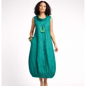 Kaliyana Verbena 100% Cotton Bubble Cocoon Dress Womens Sz 2 Emerald Lagenlook